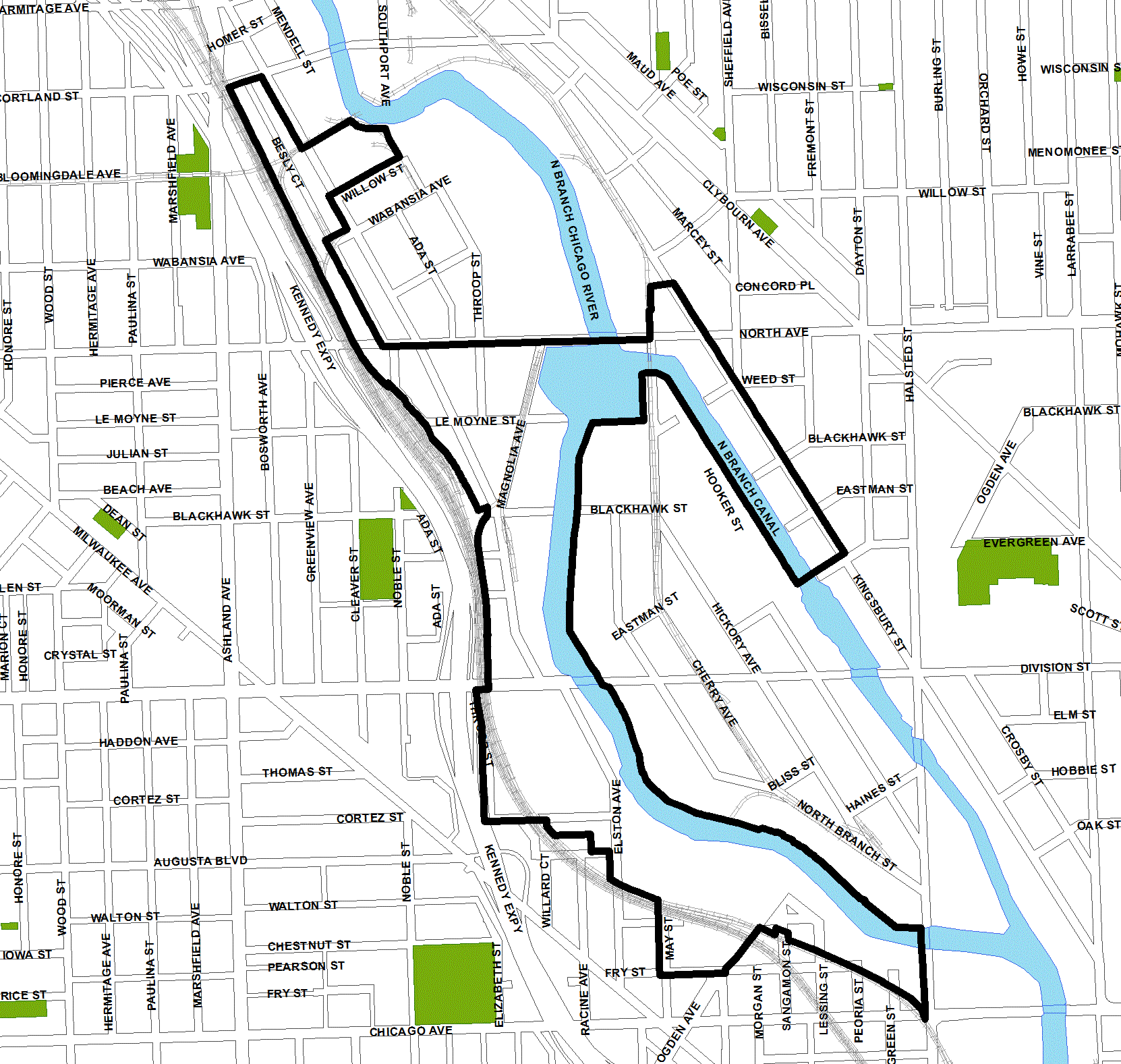 North Branch South TIF district, roughly bounded on the north by Armitage Avenue, Chicago Avenue on the south, Clybourn Avenue and Kingsbury Street on the east, and the Kennedy Expressway on the west.